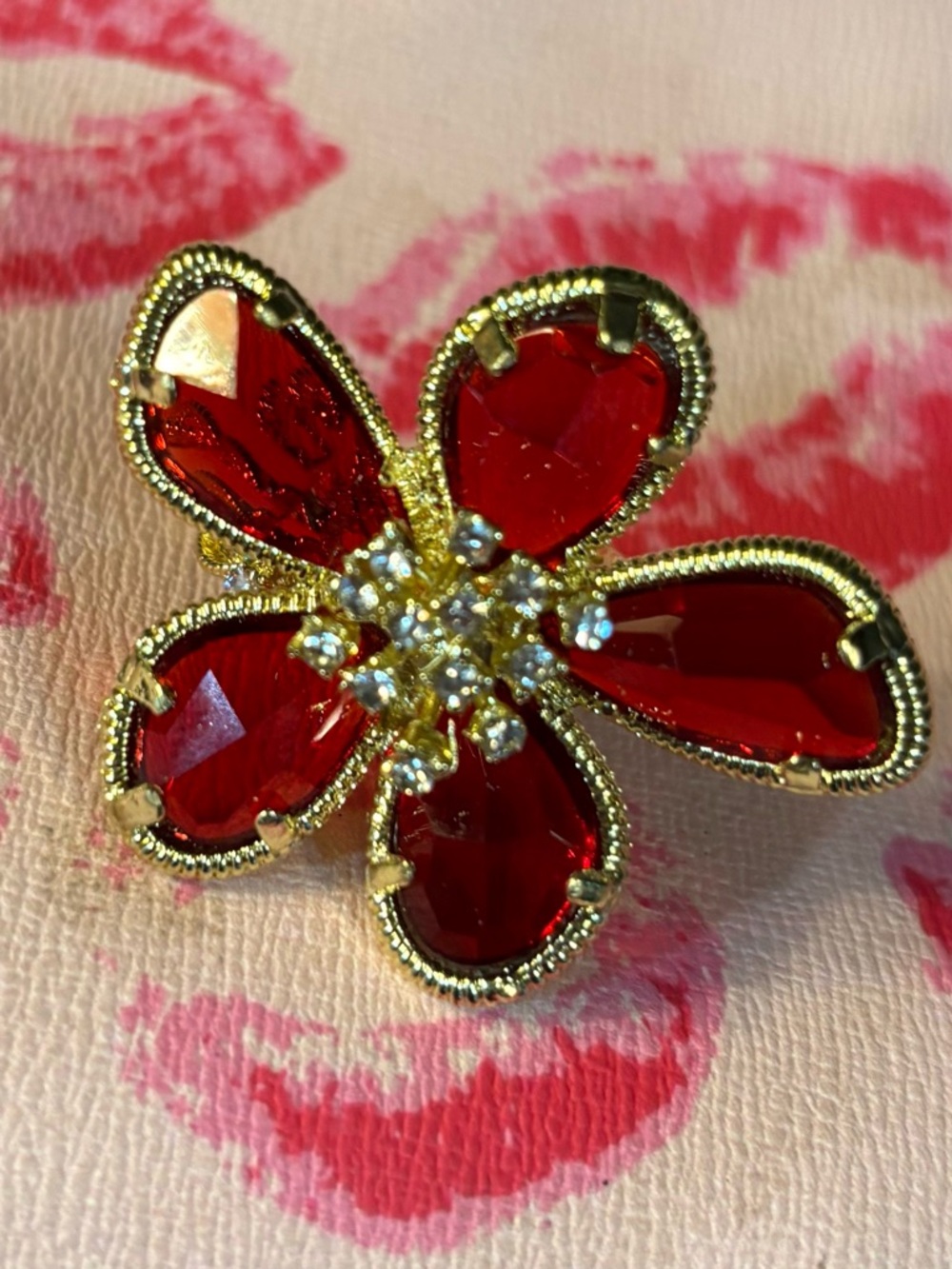 Gold-Tone Red Crystal Flower Ring - Unbranded